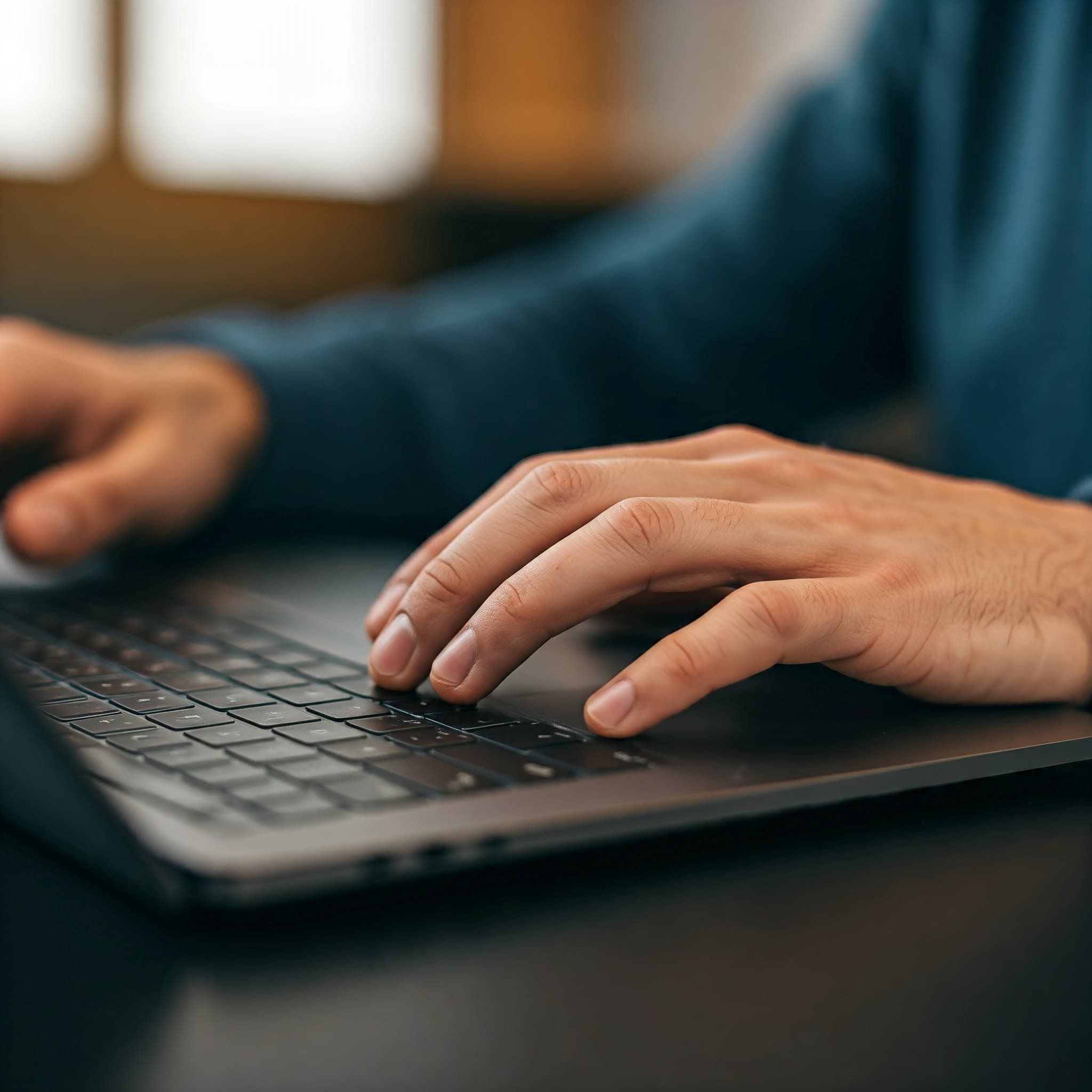 Eine Person arbeitet konzentriert an einem Laptop und plant ein neues Projekt.